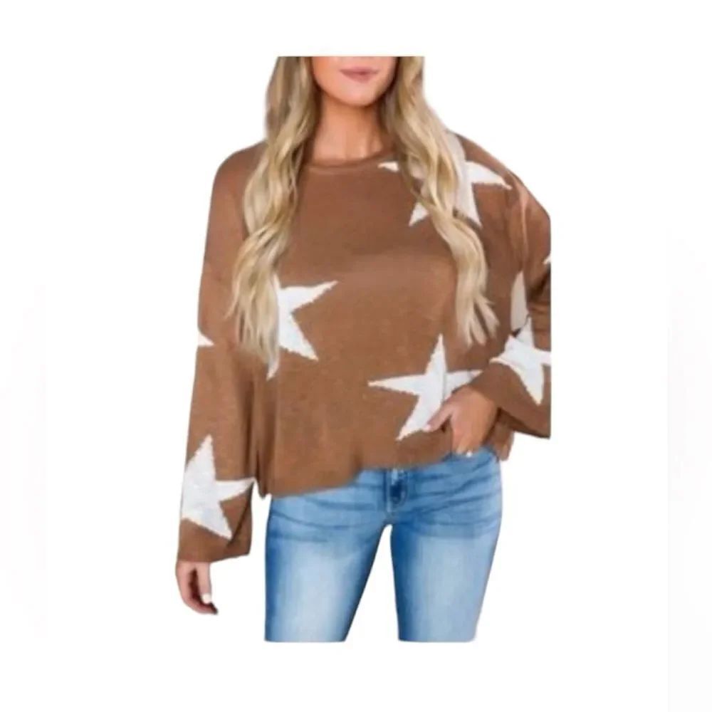 Charmed Hearts Women’s Bell Sleeve Brown White Star Western Sweater Size Small